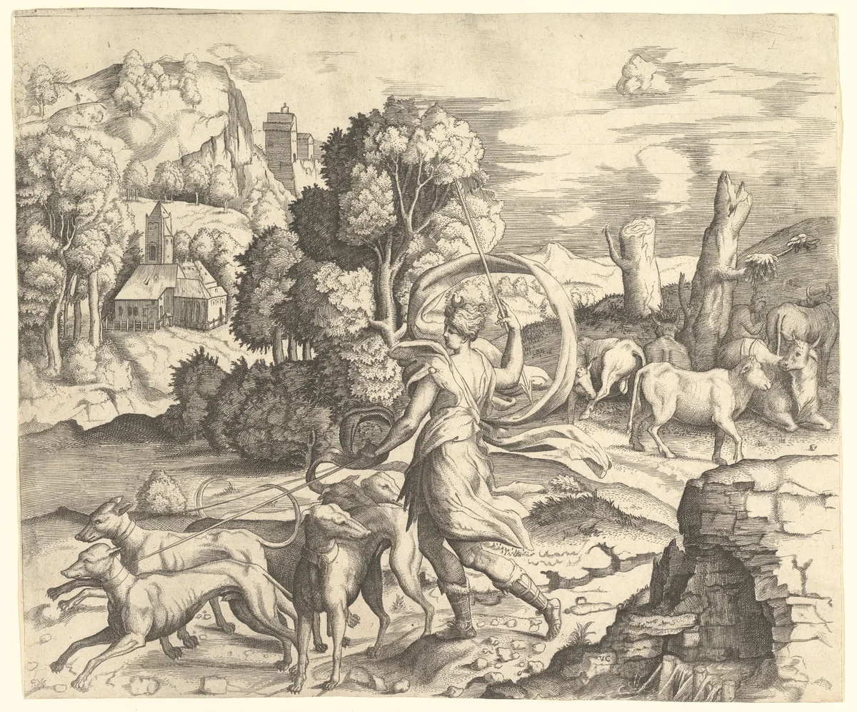 Diana the Huntress in a Landscape by Vincenzo Caccianemici, print, 1525-1547