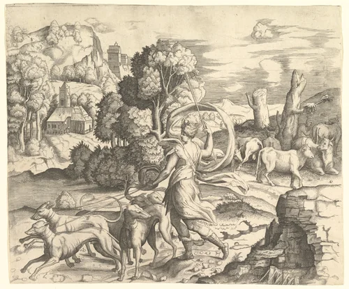 Diana the Huntress in a Landscape by Vincenzo Caccianemici, print, 1525-1547