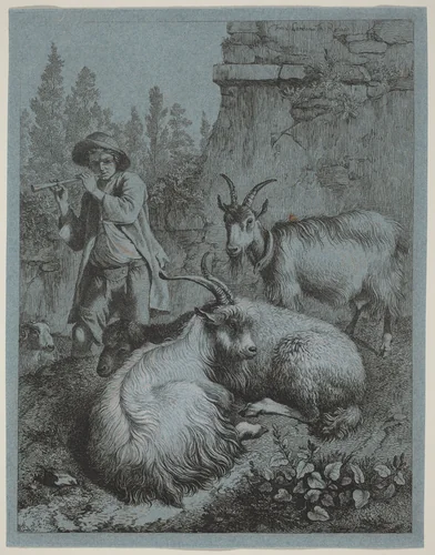 Goatherd Piping to Four Goats by Francesco Londonio, print, 1723-1783