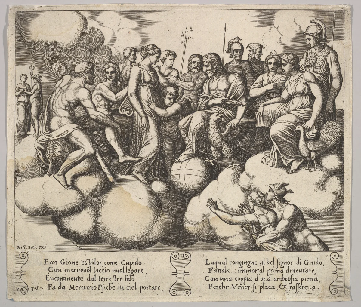 Plate 30: Venus and Cupid pleading their case in the presence of Jupiter and other Gods, from "The Fable of Cupid and Psyche" by Master of the Die, print, 1530-1560