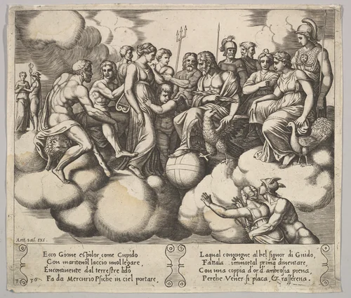 Plate 30: Venus and Cupid pleading their case in the presence of Jupiter and other Gods, from "The Fable of Cupid and Psyche" by Master of the Die, print, 1530-1560