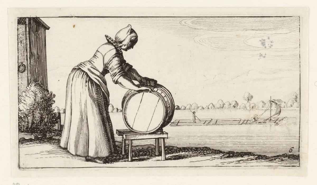 Vrouw schuurt een vat by Dirk Eversen Lons, print, 1622