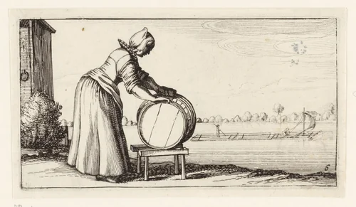 Vrouw schuurt een vat by Dirk Eversen Lons, print, 1622