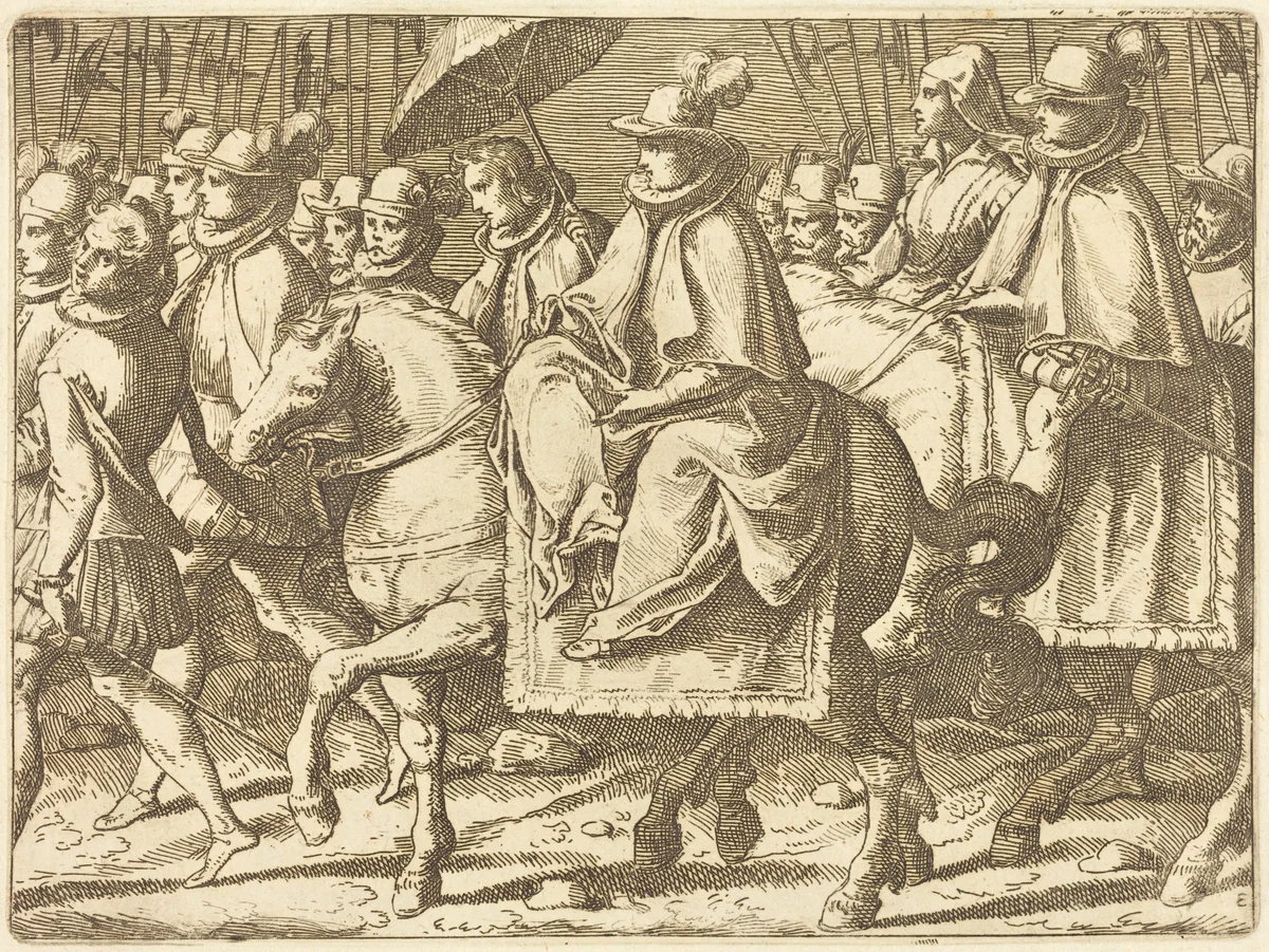 Margaret of Austria on Horseback by Raffaello Schiaminossi, print, 1612