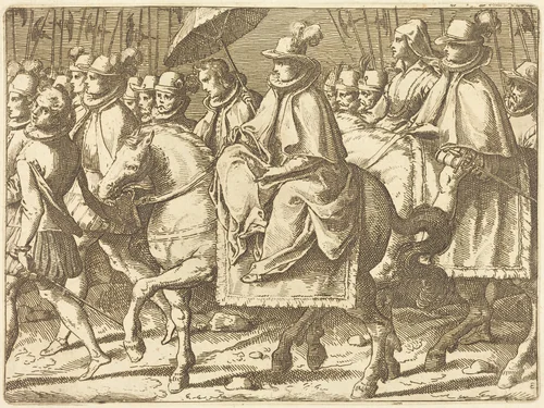 Margaret of Austria on Horseback by Raffaello Schiaminossi, print, 1612