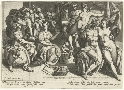 De vrouwen als heerser van de wereld by Zacharias Dolendo, print, 1595-1596
