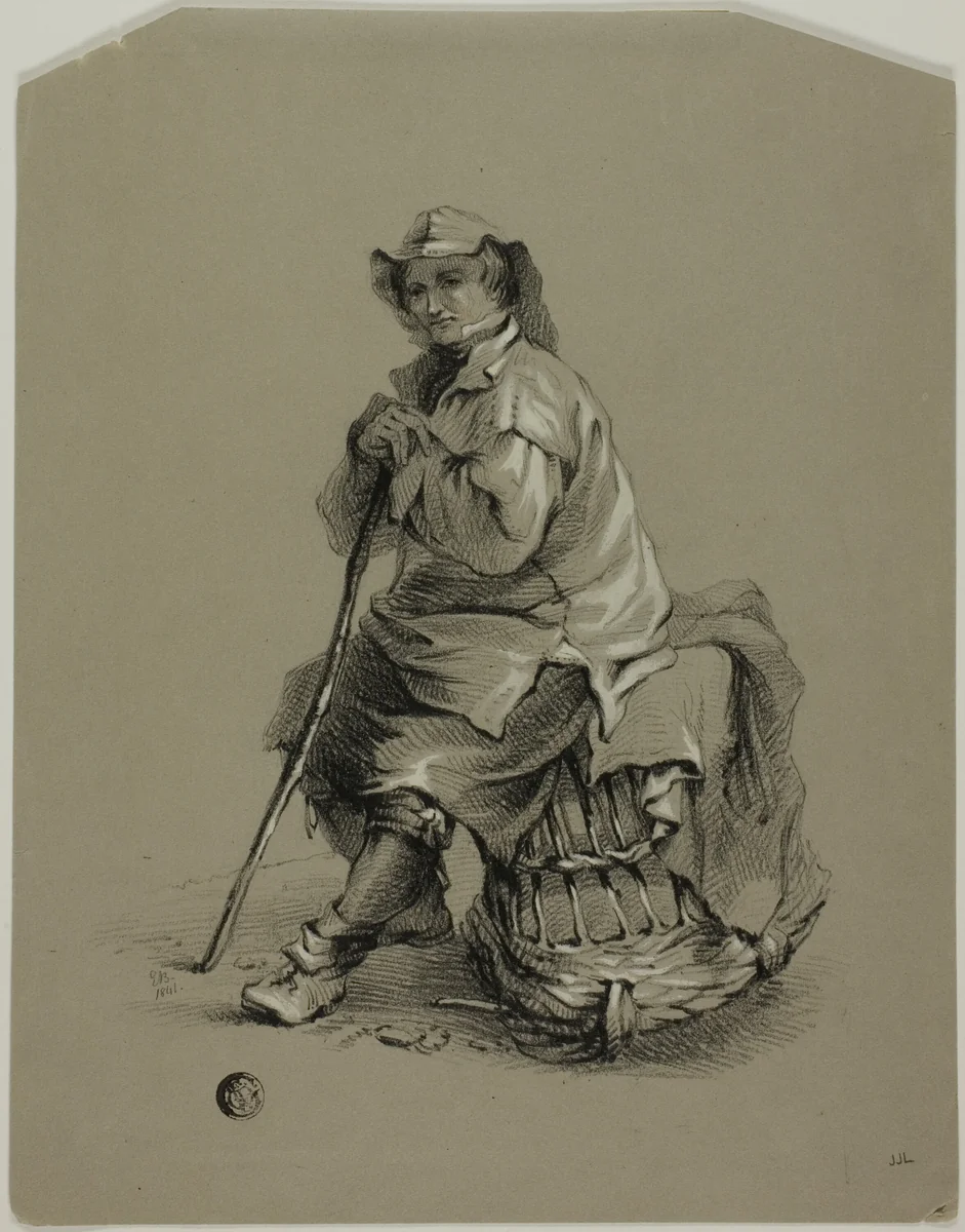 Fisherman Seated on Lobster Pot by Eugène Blery, drawing, 1800-1899