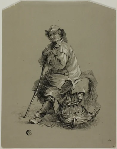 Fisherman Seated on Lobster Pot by Eugène Blery, drawing, 1800-1899