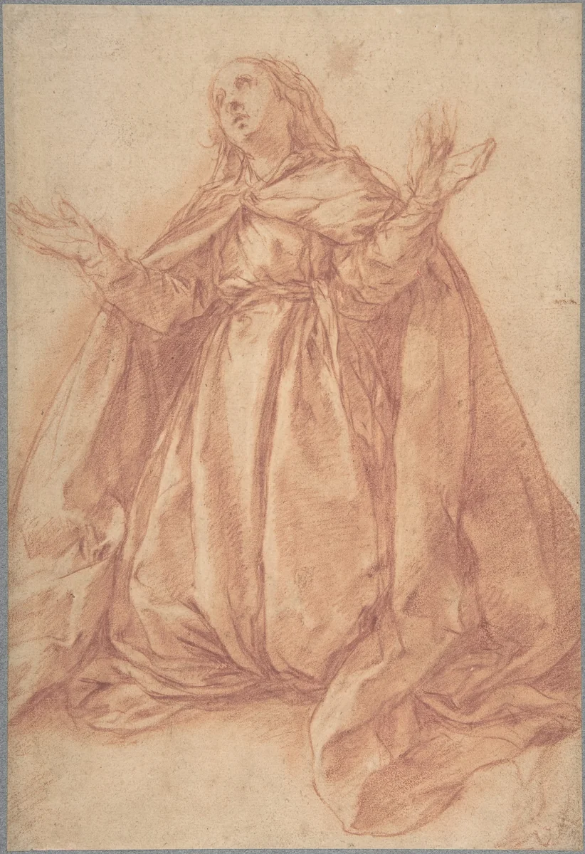Kneeling Female Figure with Upraised Arms by Abraham Bloemaert, drawing, 1580-1651