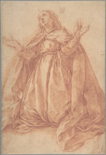 Kneeling Female Figure with Upraised Arms by Abraham Bloemaert, drawing, 1580-1651