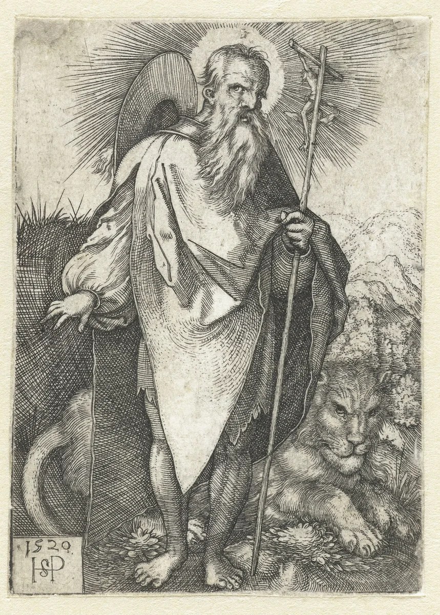 Heilige Hieronymus staand met crucifix en leeuw by Unknown, print, 1520