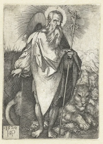 Heilige Hieronymus staand met crucifix en leeuw by Unknown, print, 1520