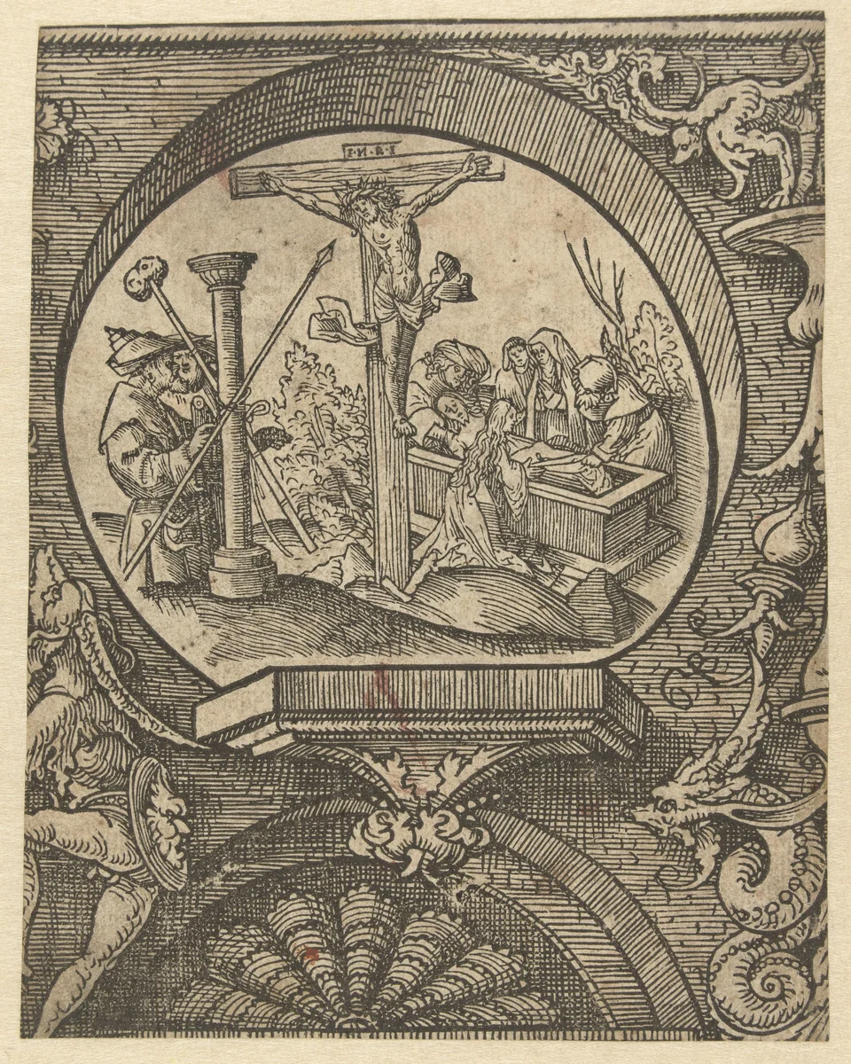 De kruisiging en de graflegging van Christus by Jacob Cornelisz van Oostsanen, print, 1520