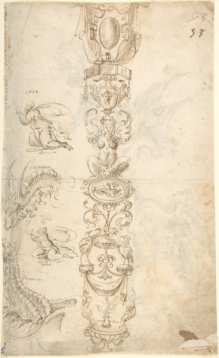 Candelabra grotesque and studies of kneeling figures (recto); two sphinxes (verso) by Andrés de Melgar, drawing, 1540-1550