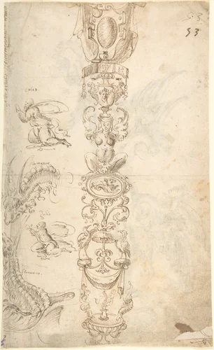 Candelabra grotesque and studies of kneeling figures (recto); two sphinxes (verso) by Andrés de Melgar, drawing, 1540-1550