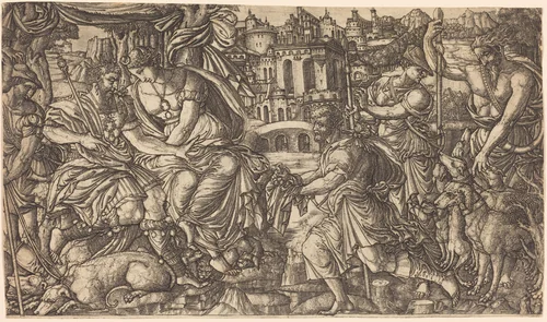 A King and Diana Receiving Huntsmen by Jean Duvet, print, 1547-1555
