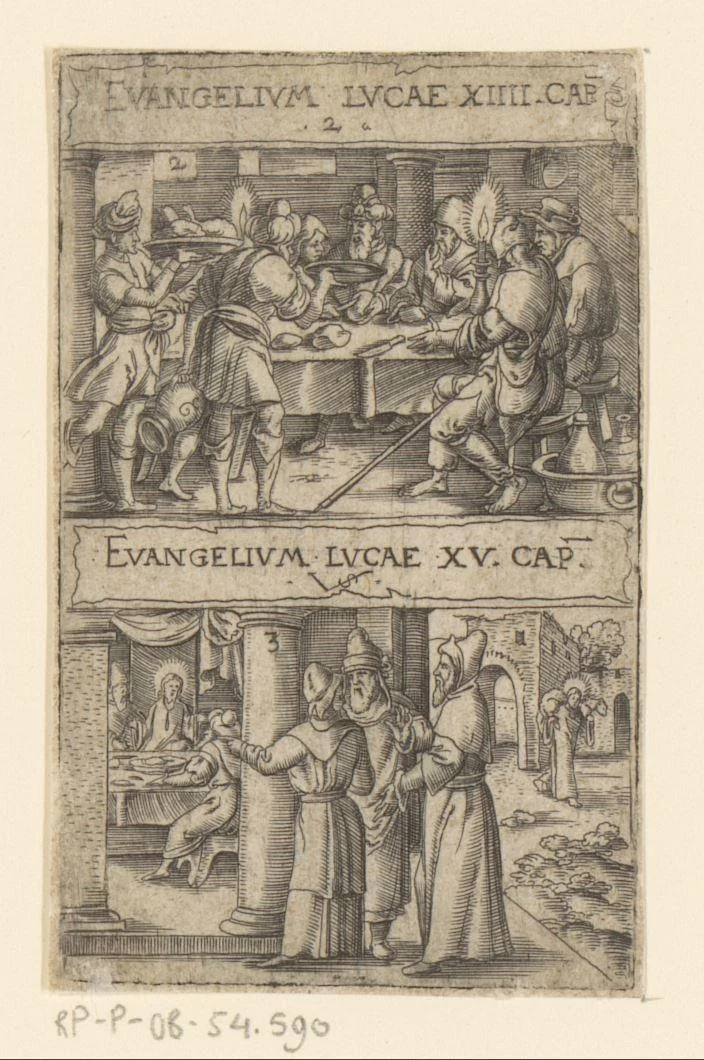 Gelijkenis van het feestmaal en gelijkenis van het verloren schaap by Unknown, print, 1524-1562