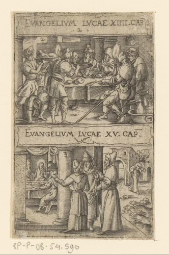 Gelijkenis van het feestmaal en gelijkenis van het verloren schaap by Unknown, print, 1524-1562