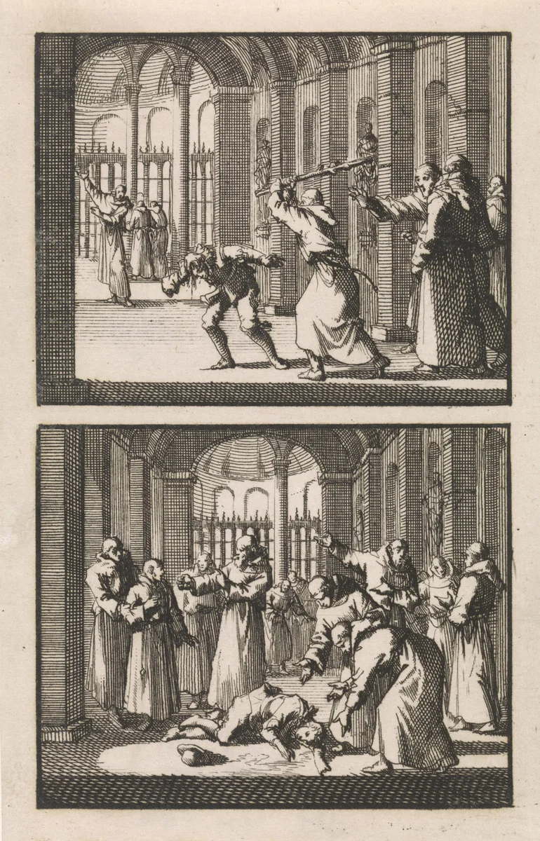 Broeder Felix slaat een student / Monniken vinden de student bewusteloos by Jan Luyken, print, 1697