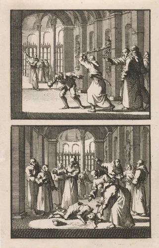 Broeder Felix slaat een student / Monniken vinden de student bewusteloos by Jan Luyken, print, 1697
