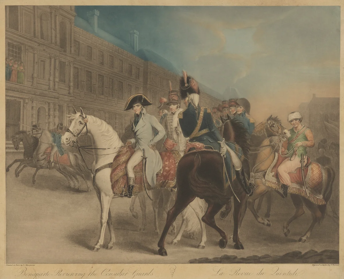 Bonaparte Reviewing the Consular Guard (La Revue du Quintidi) by Charles Turner; John James Masquerier, print, 1773-1857