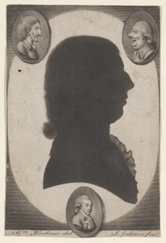 Edward Beetham, bust in profile to right in an oval, with two caricature heads in small ovals in the upper corners by Isaac Jehner, print, 1770-1818