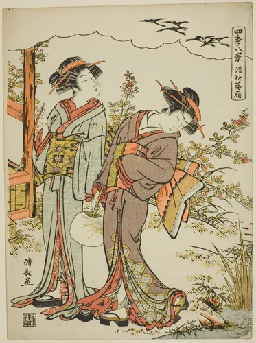 Geese Descending in Mid Autumn (Seishu no rakugan), from the series "Eight Scenes of the Four Seasons (Shiki hakkei)" by Torii Kiyonaga (鳥居清長), print, 1774-1784