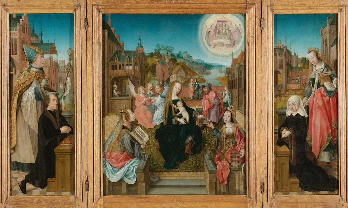 Triptych with Virgin and Child with Saints (center), male Donor with Saint Martin (left, inner wing), female Donor with Saint Cunera (right, inner wing), and the Annunciation (outer wings) by Master of Delft, painting, 1500-1510