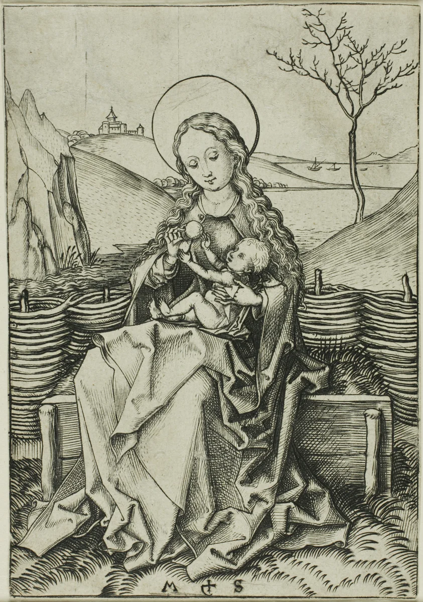 The Madonna and Child on a Grassy Bench by Martin Schongauer, print, 1450-1491