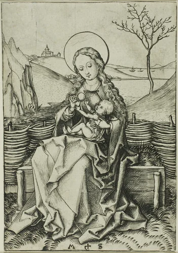 The Madonna and Child on a Grassy Bench by Martin Schongauer, print, 1450-1491