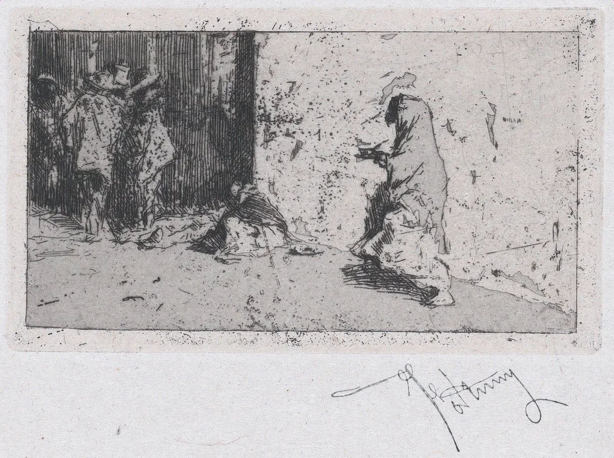A street in Seville with figures by Mariano Fortuny, print, 1860-1870