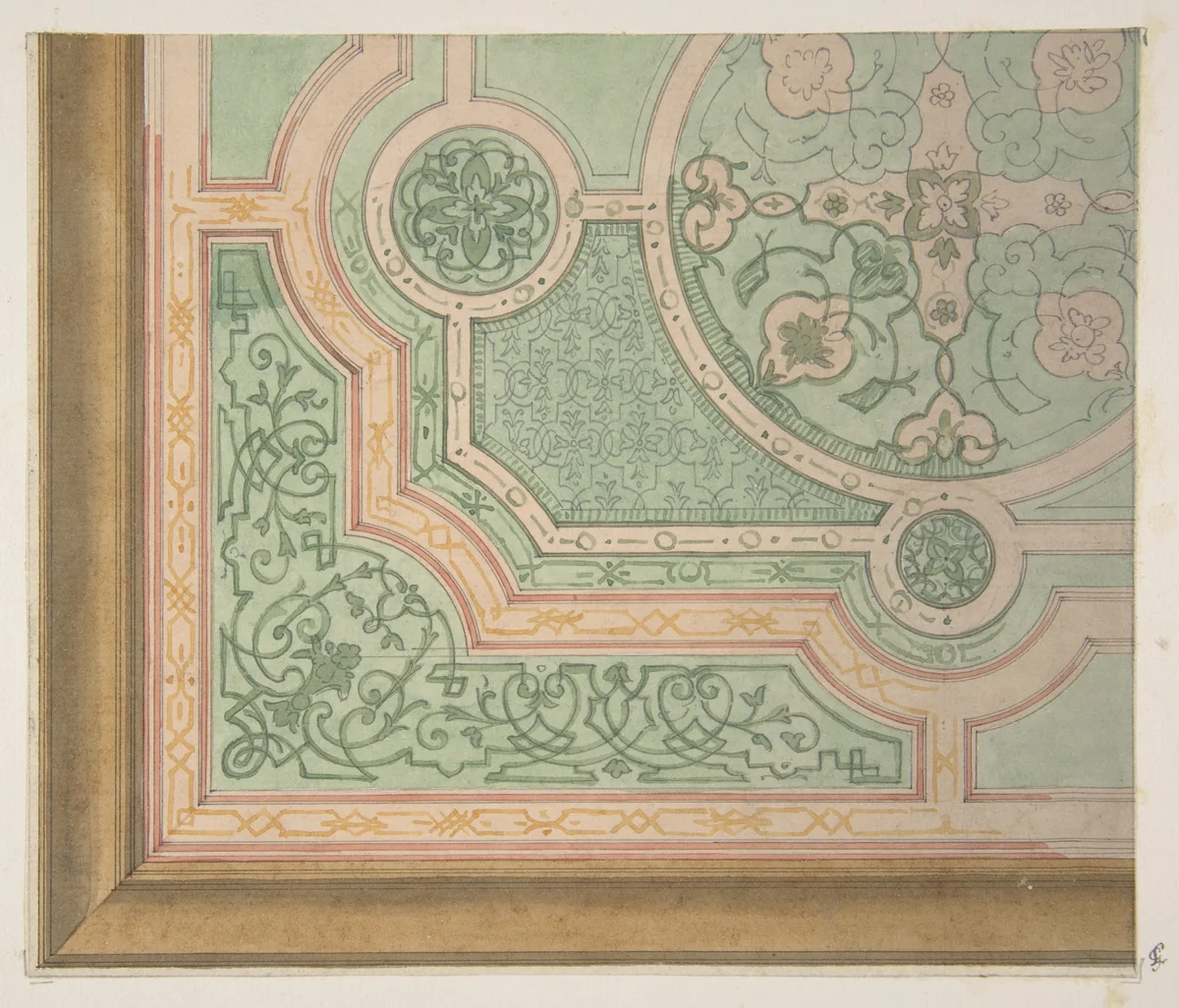 Design for the decoration of a ceiling with circular medallions by Jules-Edmond-Charles Lachaise, drawing, 1830-1897