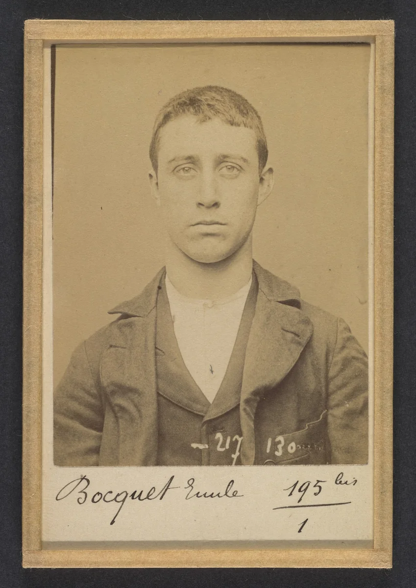 Bocquet. Alexandre, Émile. 17 ans, né à Paris XVlle. Menuisier. Vol. Fiché le 14/4/94. by Alphonse Bertillon, photograph, 1894