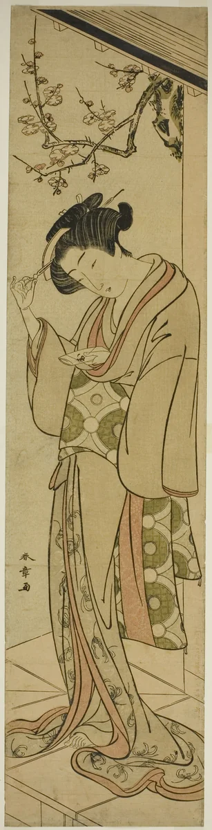 Woman on a Veranda About to Open a Love-letter by Katsukawa Shunsho (勝川 春章), print, 1773-1779