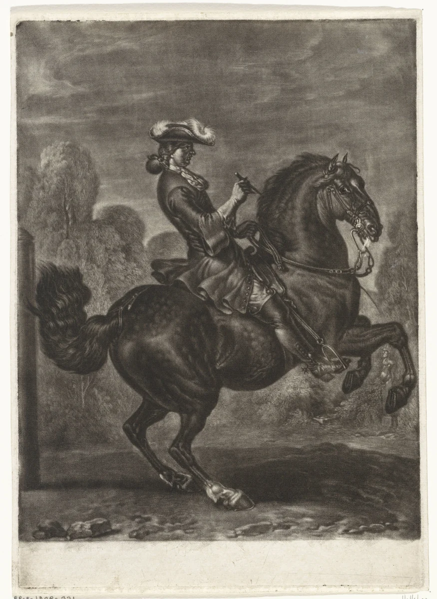 Zwart steigerend paard by Dirk Maas, print, 1666-1717