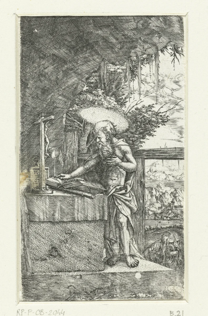 Heilige Hieronymus in de grot by Unknown, print, 1506-1538