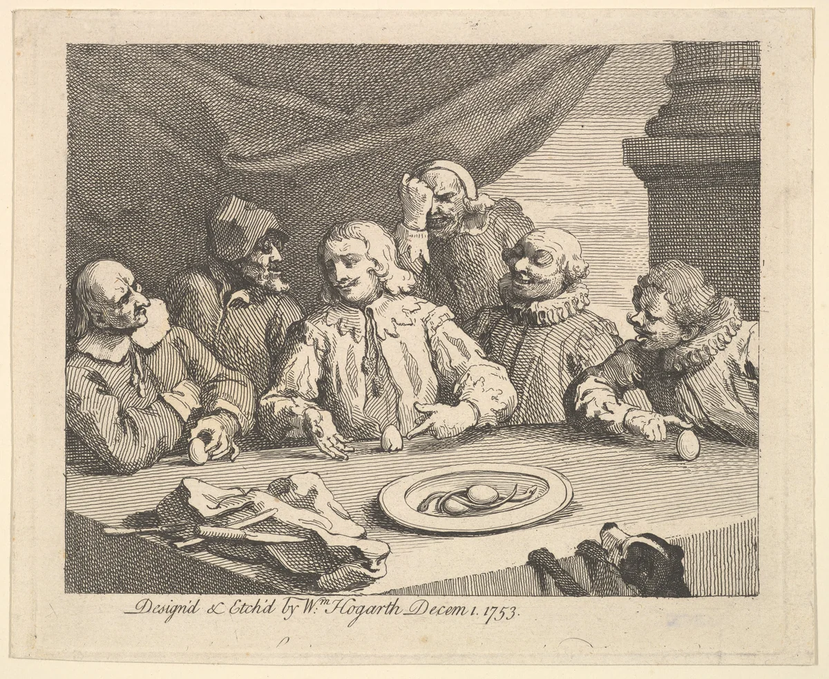 Columbus Breaking the Egg by William Hogarth, print, 1753
