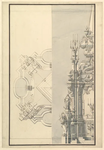 Half Ground Plan and Half Elevation for a Catafalque for a Queen of Sardinia by Giuseppe Galli Bibiena, drawing, 1696-1756