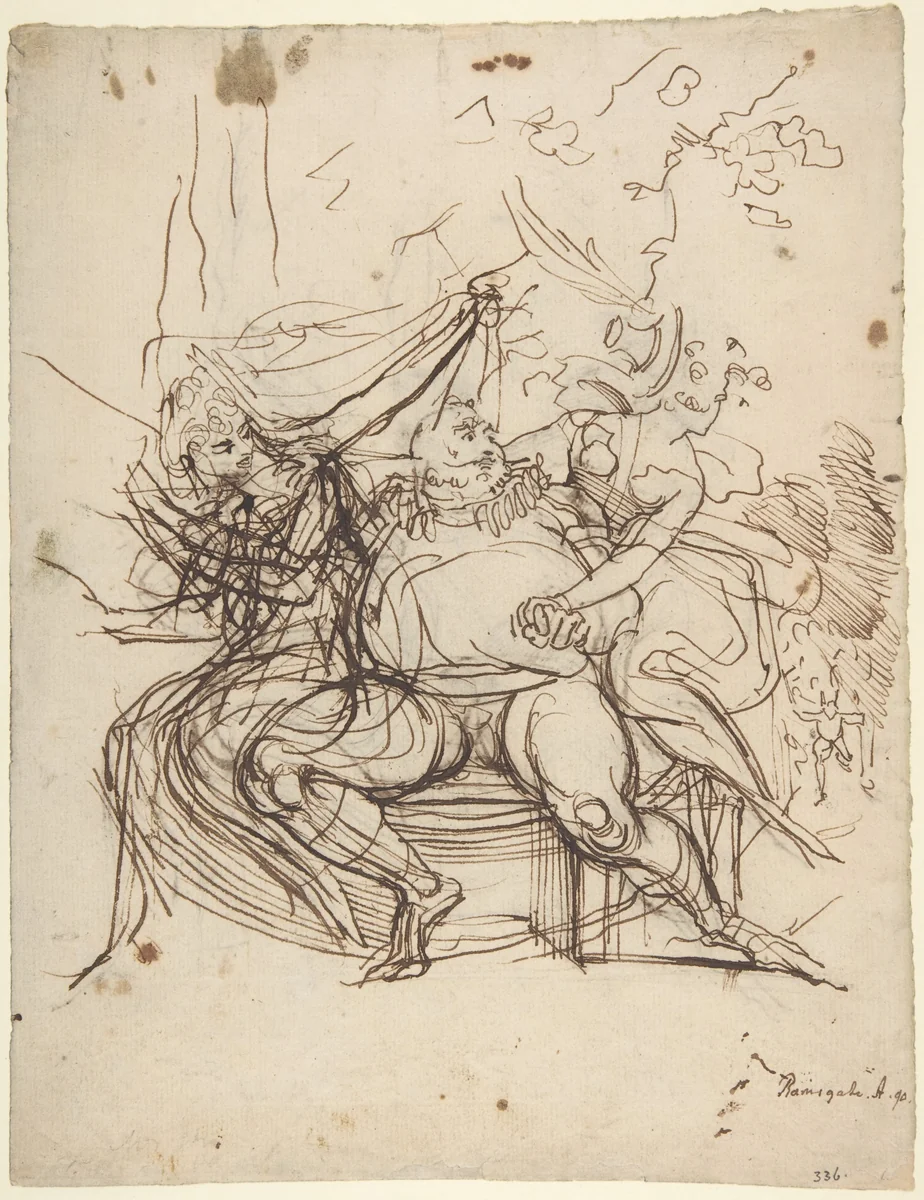 Falstaff with Mrs. Ford and Mrs. Page (Shakespeare, The Merry Wives of Windsor, Act 5, Scene 5) by Henry Fuseli, drawing, 1790