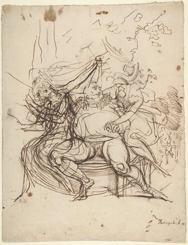Falstaff with Mrs. Ford and Mrs. Page (Shakespeare, The Merry Wives of Windsor, Act 5, Scene 5) by Henry Fuseli, drawing, 1790