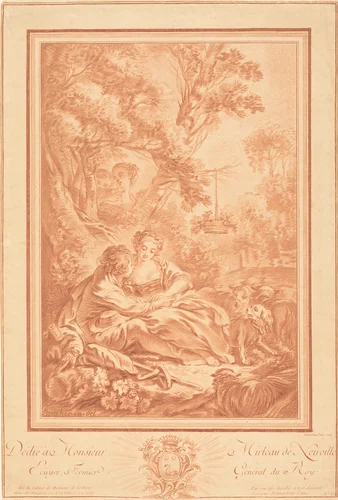 Two Lovers Seated at the Foot of a Large Tree, Surprised by Two Girls by Gilles Demarteau the Elder, print, 1722-1776