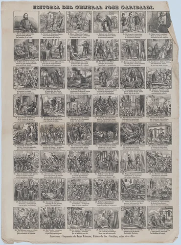 Broadside with 48 scenes relating to the life of Giuseppe Garibaldi by Juan Llorens, print, 1862