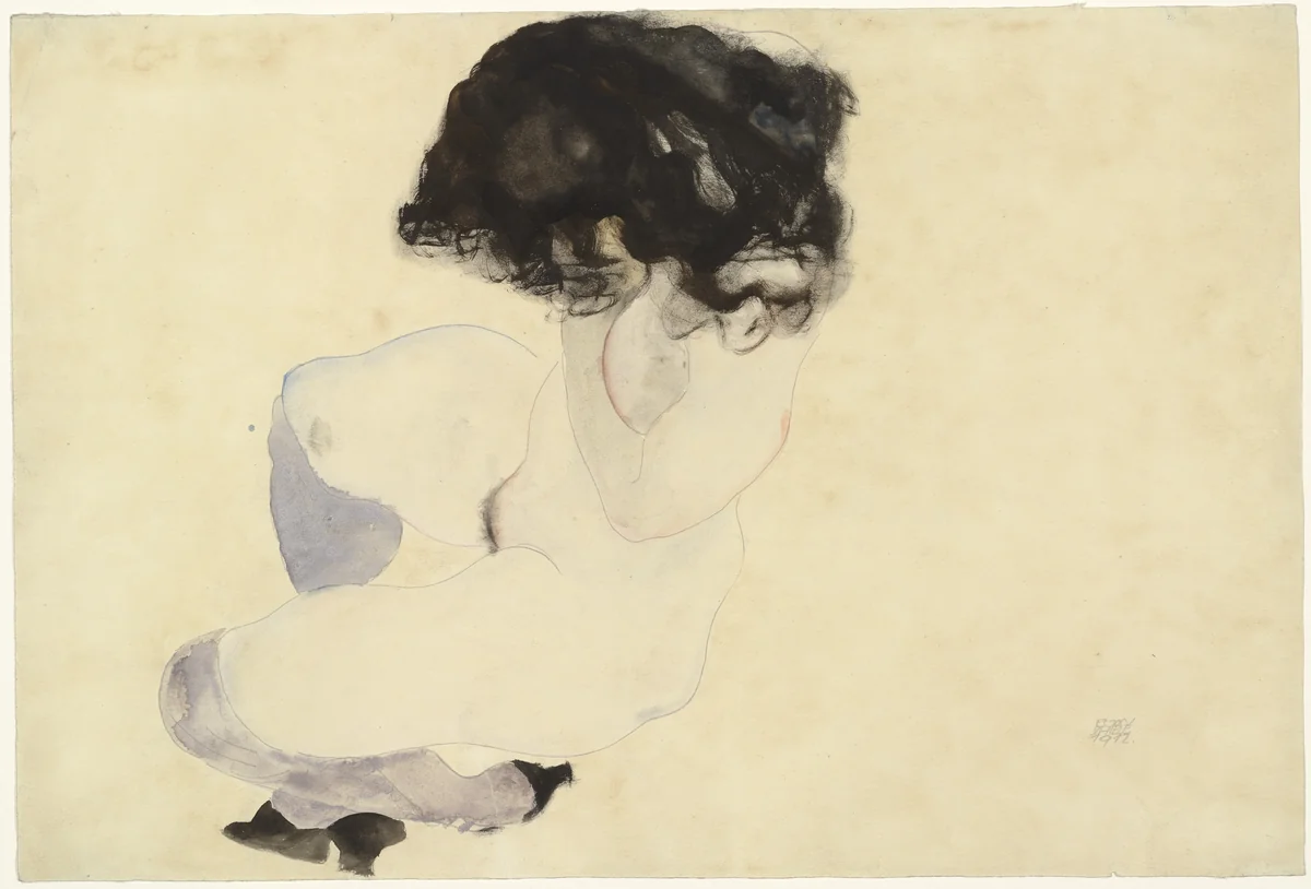 Nude with Violet Stockings and Black Hair (Akt mit violetten Strümpfen und schwarzem Haar) by Egon Schiele, drawing, 1912
