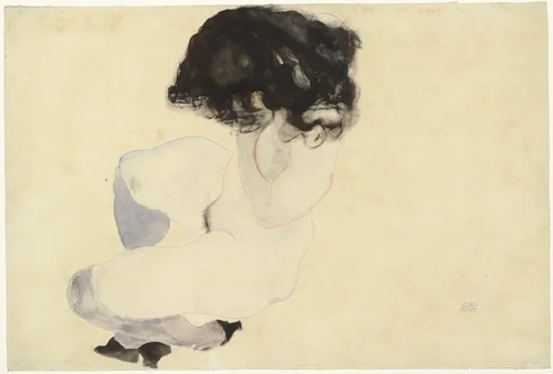 Nude with Violet Stockings and Black Hair (Akt mit violetten Strümpfen und schwarzem Haar) by Egon Schiele, drawing, 1912