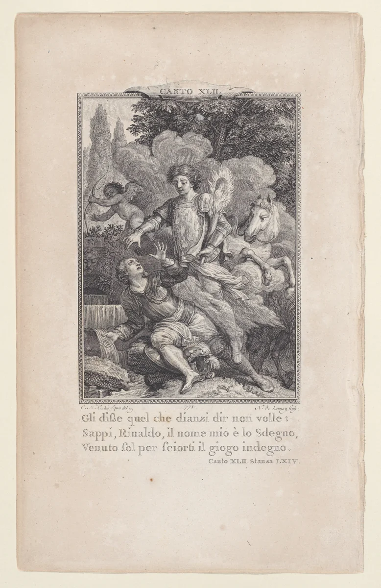 Canto 42, Stanza 64, from "Orlando Furioso" by Nicolas de Launay, print, 1774