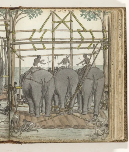 Taming a Wild Elephant in the Temporary Stable, rear view by Jan Brandes, drawing, 1785
