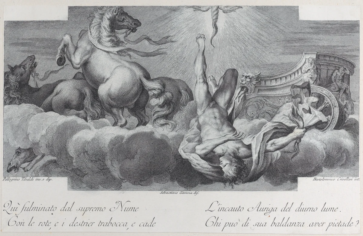 Plate 34: Auriga, the charioteer, falls from the chariot at center, with three horses at left by Bartolomeo Crivellari, print, 1756