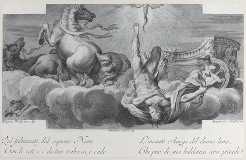 Plate 34: Auriga, the charioteer, falls from the chariot at center, with three horses at left by Bartolomeo Crivellari, print, 1756