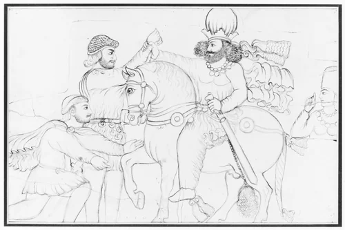 Drawing of Sasanian rock relief: Shapur I (r. A.D. 241-272) and Roman emperor Valerian at Naqsh-i Rustam, southern Iran by Lutf-'Ali Shirazi, artwork, 1812