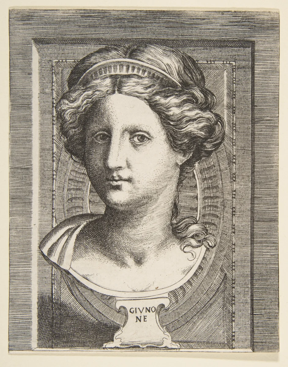Sculpted head of Juno by Giulio Bonasone, print, 1531-1576